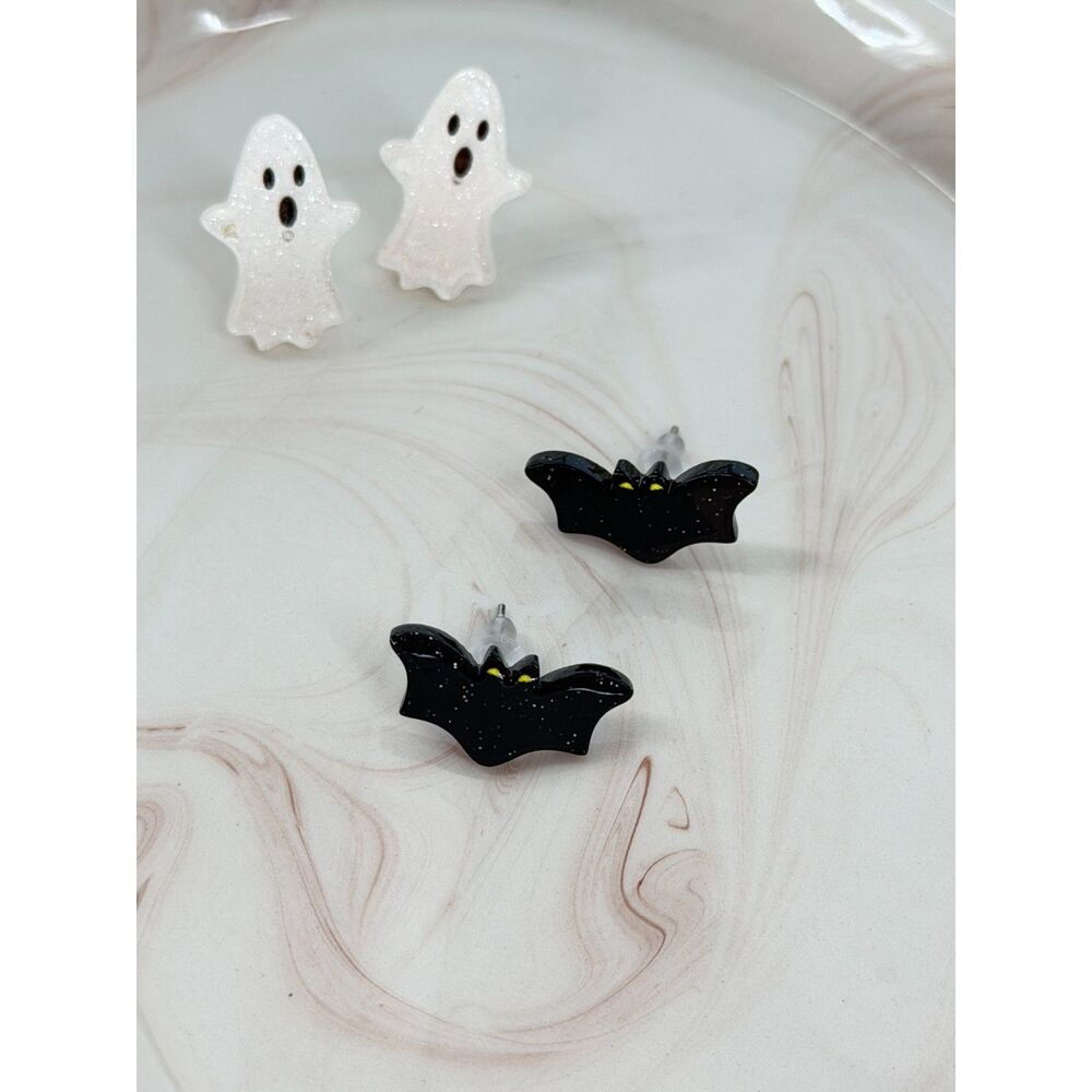 Halloween Stud Earrings Set, Ghost and Bat Earrings